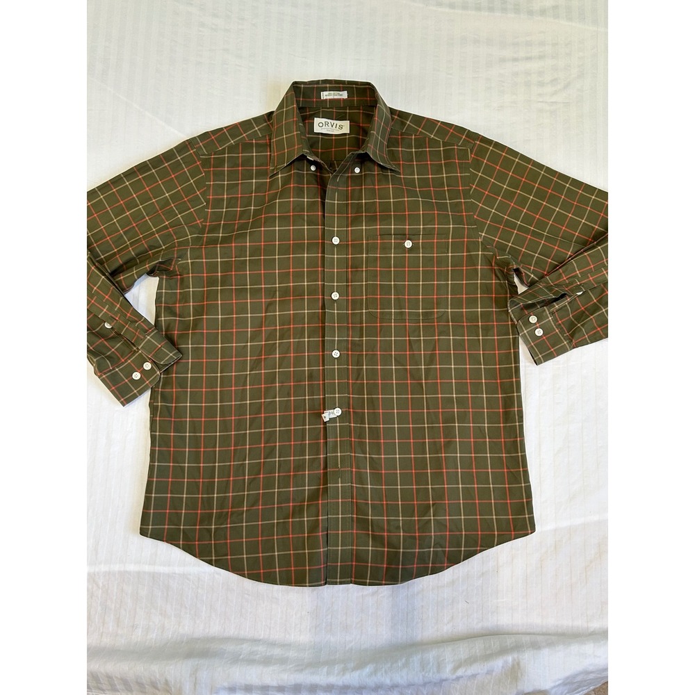 Orvis Mens Large Cotton Long Sleeve Button Down Shirt Olive Green Orange Plaid